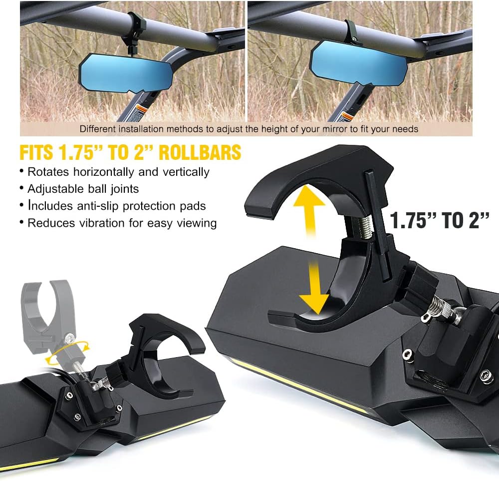13 UTV Rearview Center Mirror with COB LED Interior Lights and Rocker Switch, Aluminum Rear View Mirrors E590654