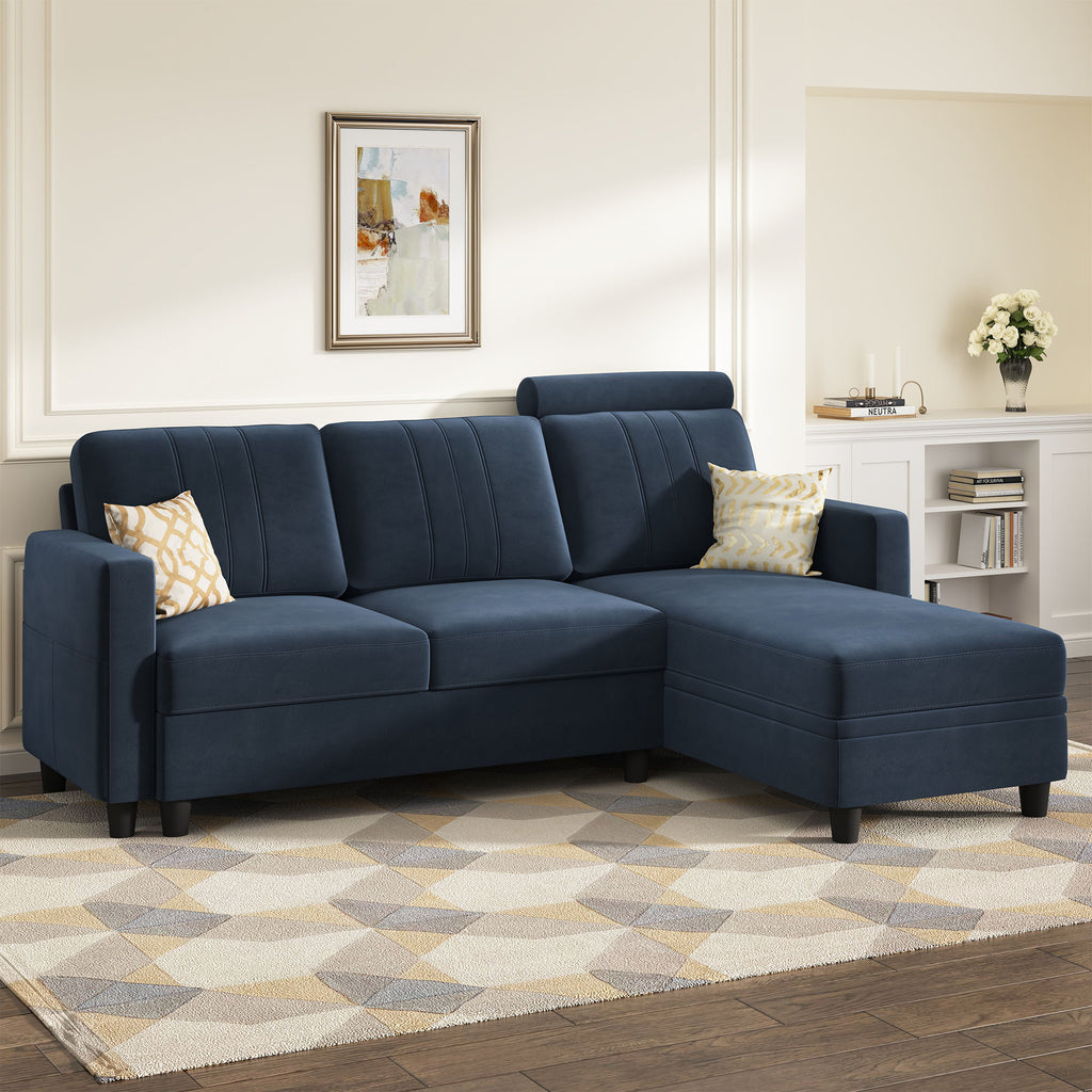 Dark Navy Blue Velvet L-Shaped Sectional Sofa with Storage Chaise R1276
