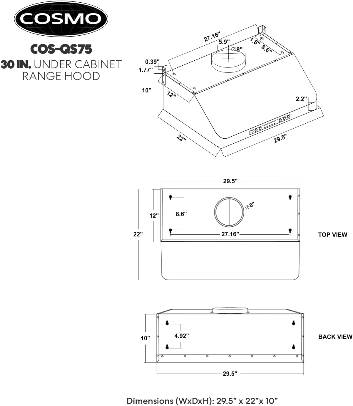 30 in. Under Cabinet Range Hood with 500 CFM, Permanent Filters, LED Lights, Stainless Steel Z56916