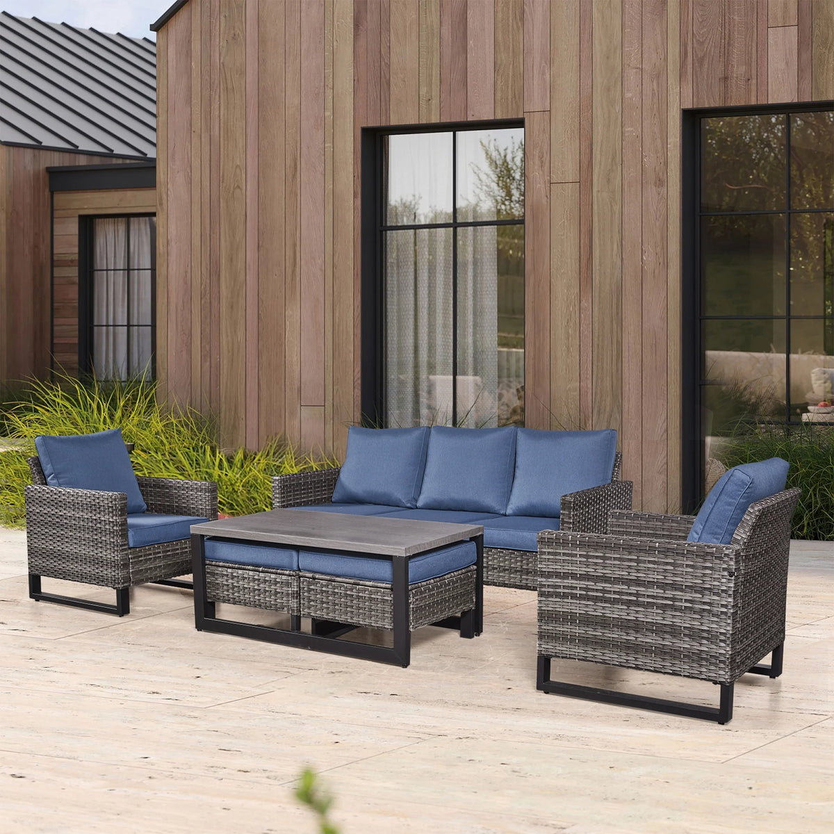 Blue Cushion Rattan Patio Furniture Set with Sofa, Chairs, Coffee Table and Ottomans Z2209