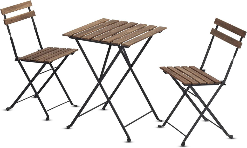 3 Pieces Folding Dining Table Chairs with Teak Wooden Top Anti-Rust Steel Frame K751