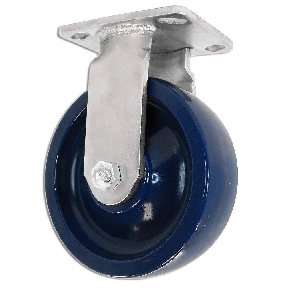 6 Stainless Steel Rigid Fixed Caster, Blue Solid Poly Wheel, 1200 Lbs Cap, Pack of 2 R827420