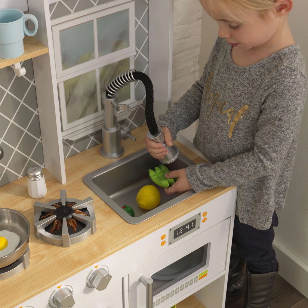 Wooden Play Kitchen with Lights & Sounds and Pull-Down Faucet A166