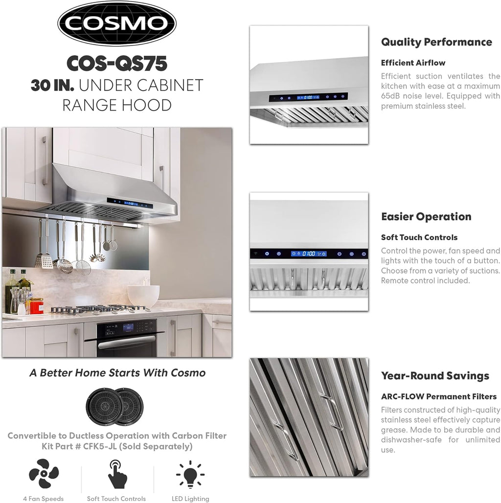 30 in. Under Cabinet Range Hood with 500 CFM, Permanent Filters, LED Lights, Stainless Steel Z56916