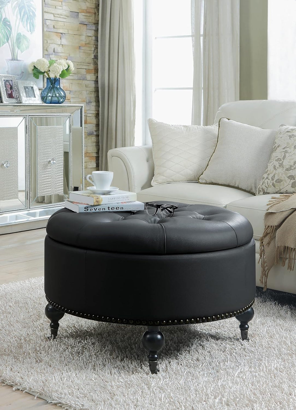 Black PU Button Tufted Round Ottoman V9731