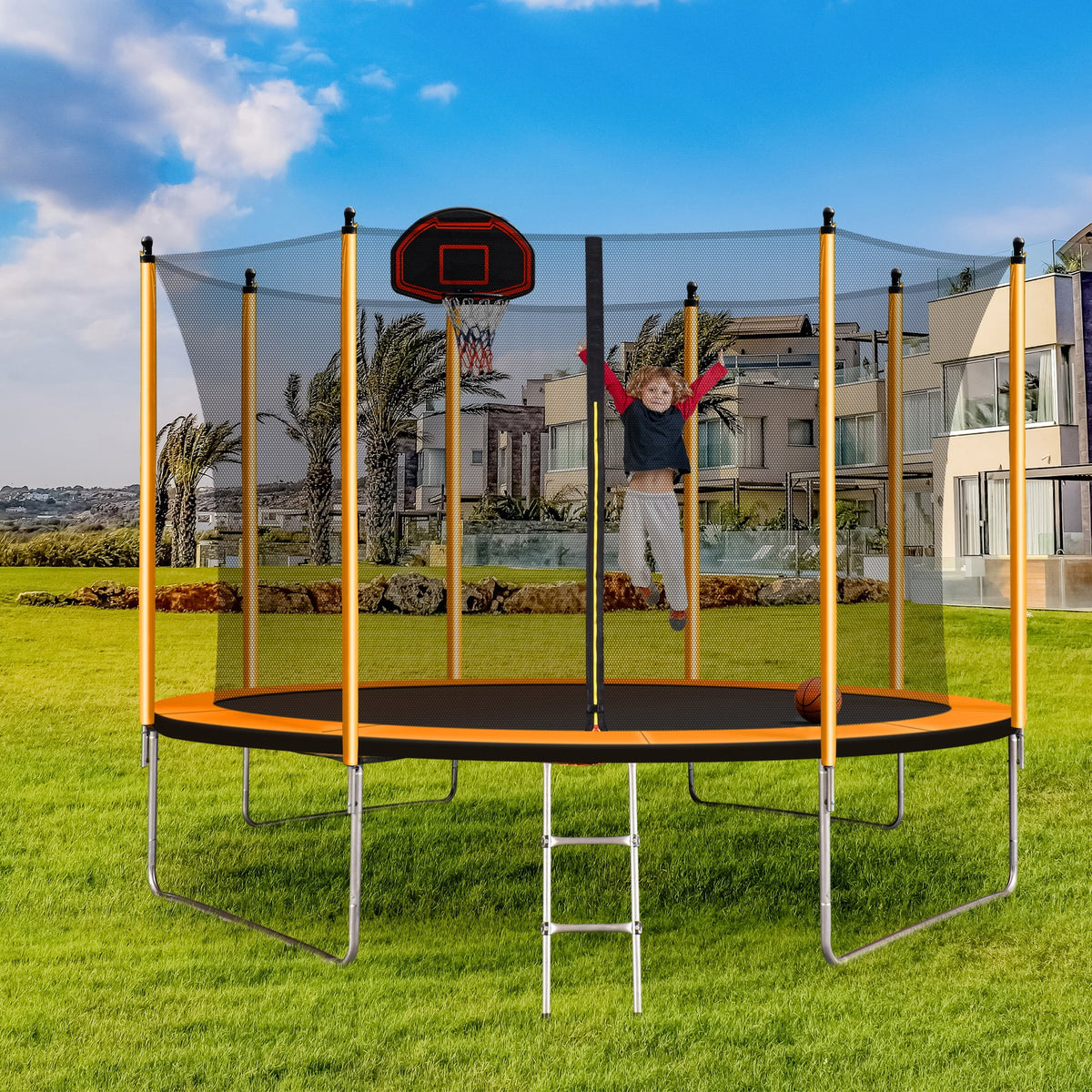 Orange Trampoline with Basketball Hoop and Ladder H145793