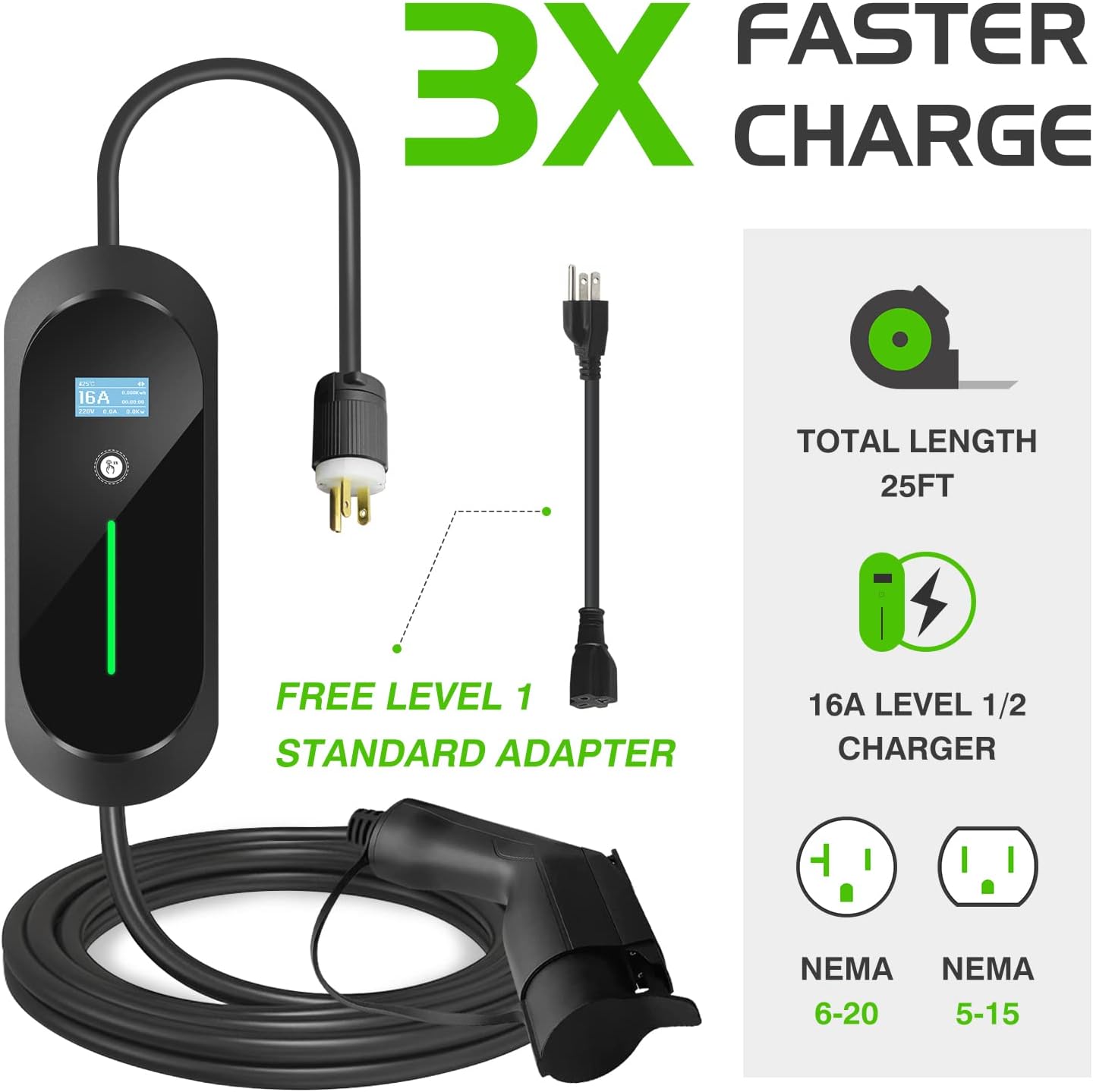 Portable EV Charger with NEMA 6-20 Plug and NEMA 5-15 Adapter F4161
