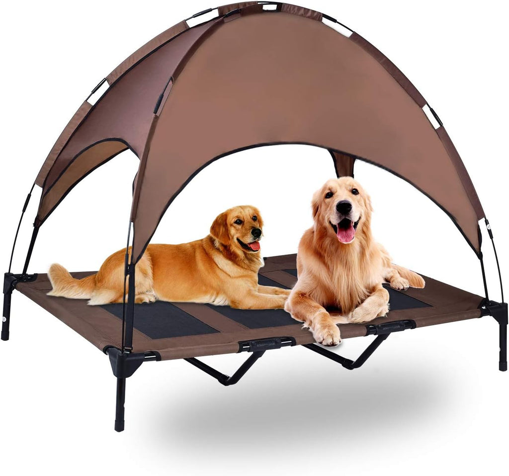 Elevated Pet Cot with Canopy, 1680D Oxford Fabric Raised Mesh Cot, Large, Brown Y1203