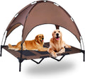 Elevated Pet Cot with Canopy, 1680D Oxford Fabric Raised Mesh Cot, Large, Brown Y1203