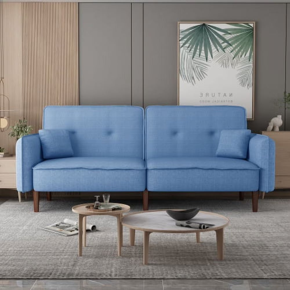 Blue Fabric Futon Sofa Bed with Solid Wood Leg O6761