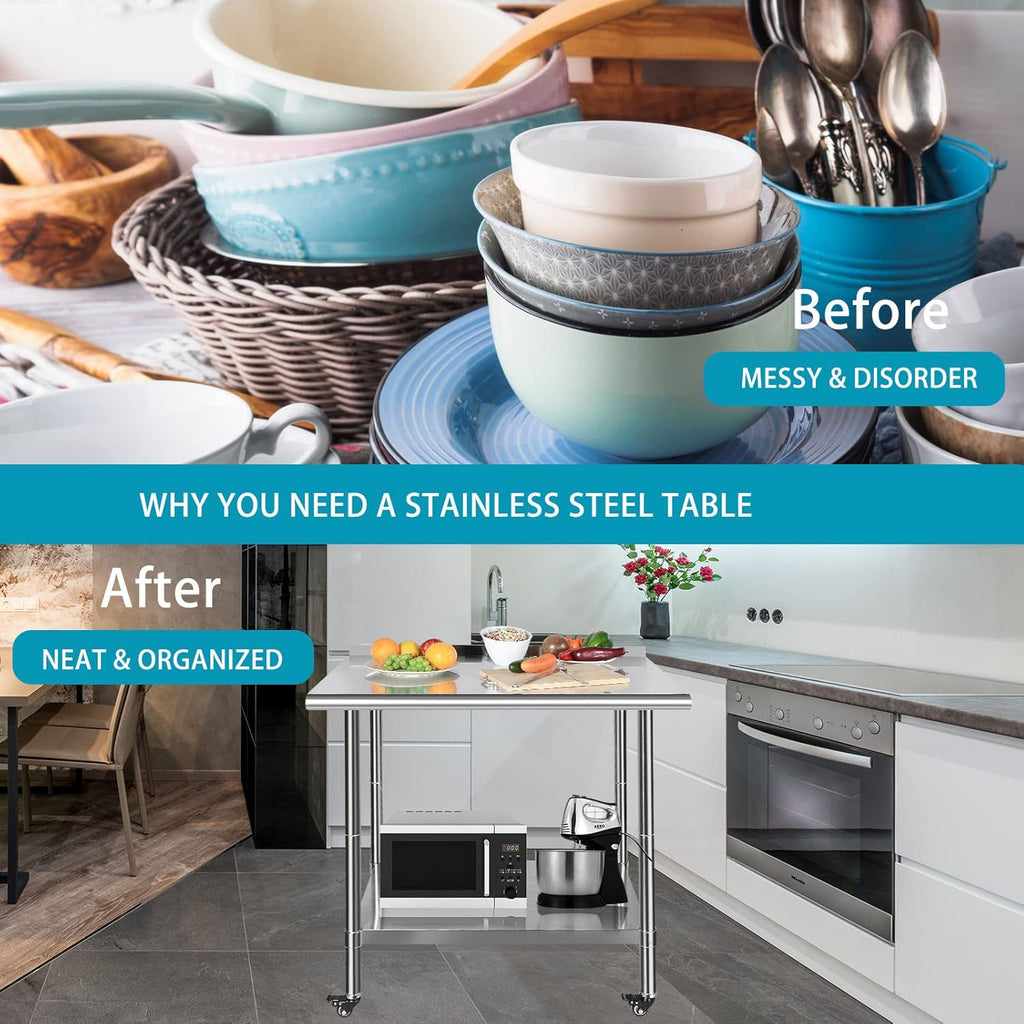 Stainless Steel Work Table with Casters, Backsplash, Adjustable Undershelf X161828