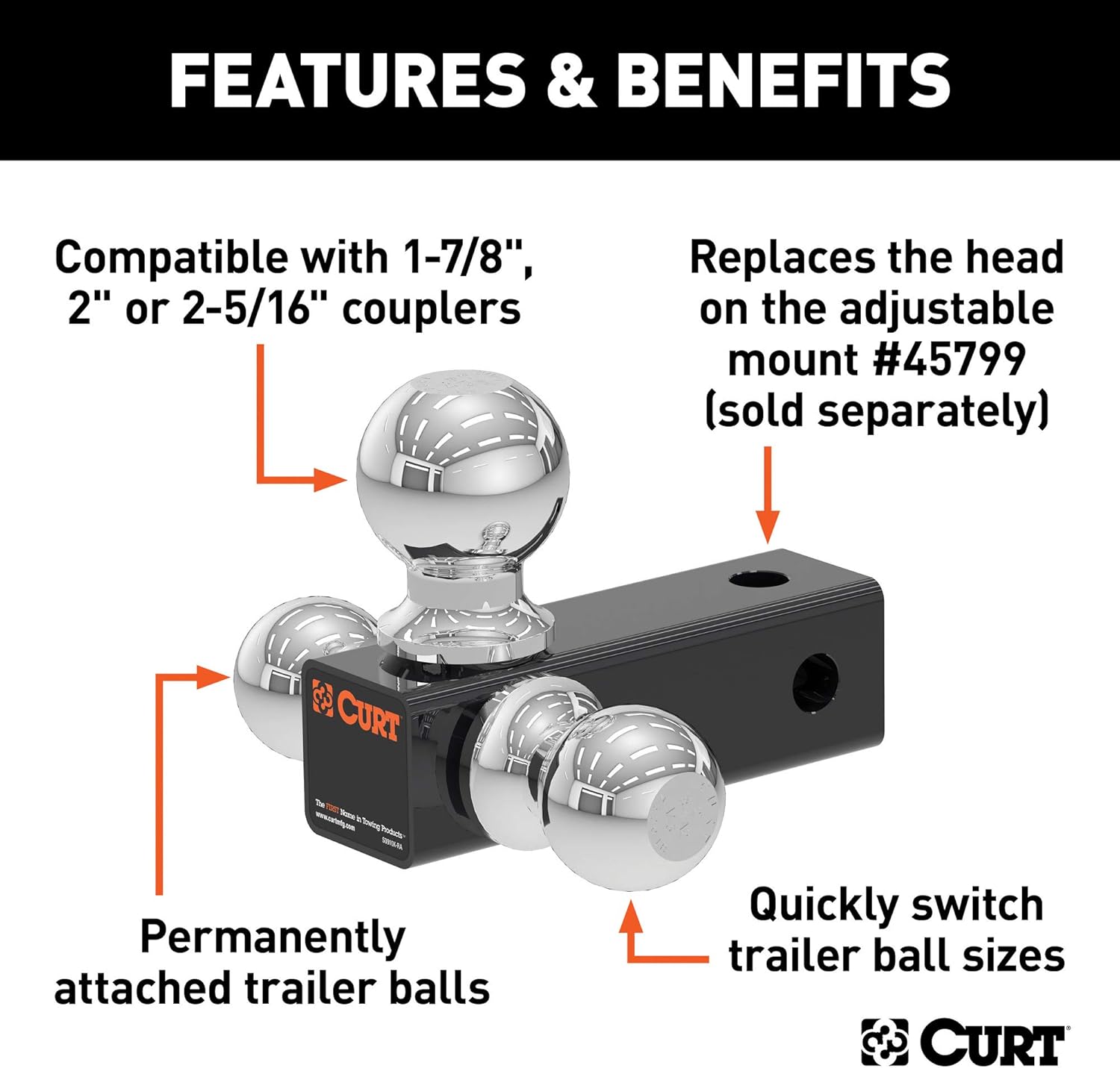 Adjustable Trailer Hitch Ball Mount Head with 3 Balls Pack of 2 C184