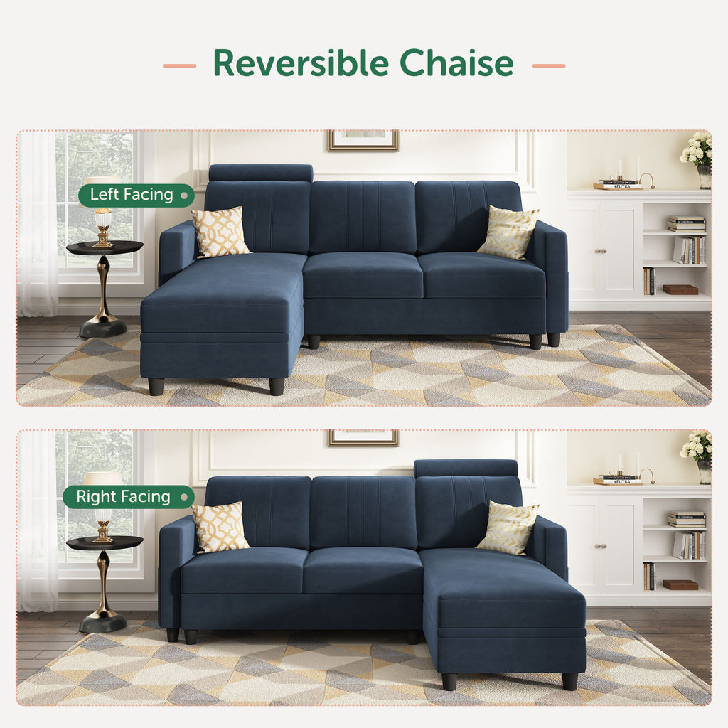 Dark Navy Blue Velvet L-Shaped Sectional Sofa with Storage Chaise R1276