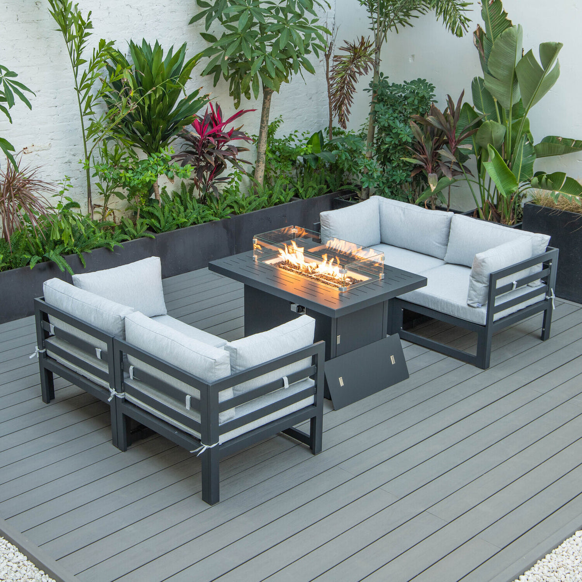 5-Piece Sectional Loveseat and Fireplace Set Black Aluminum with Cushions Q382