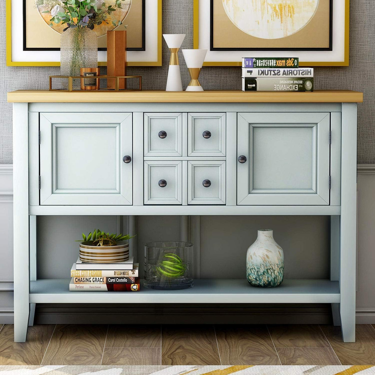 Navy Blue Solid Wood Console Table with 3 Drawers, 2 Cabinet, 1 Shelf B566648