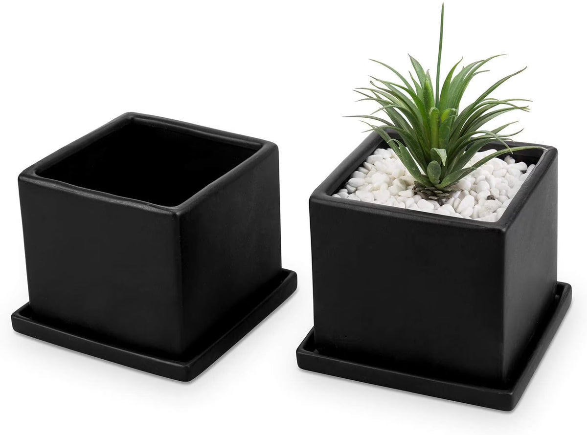 Set of 2 Matte Black Ceramic Planter Pots with Saucers G488