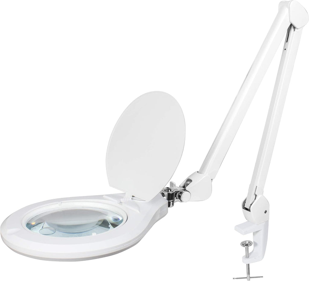Magnifying Lamp with Clamp, 6 inches Glass Lens, 5 Diopter with 12 Diopter, 6000-7000K, Black Q490331