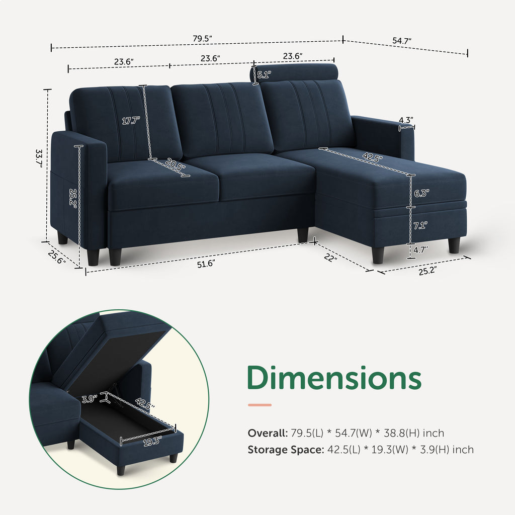 Dark Navy Blue Velvet L-Shaped Sectional Sofa with Storage Chaise R1276