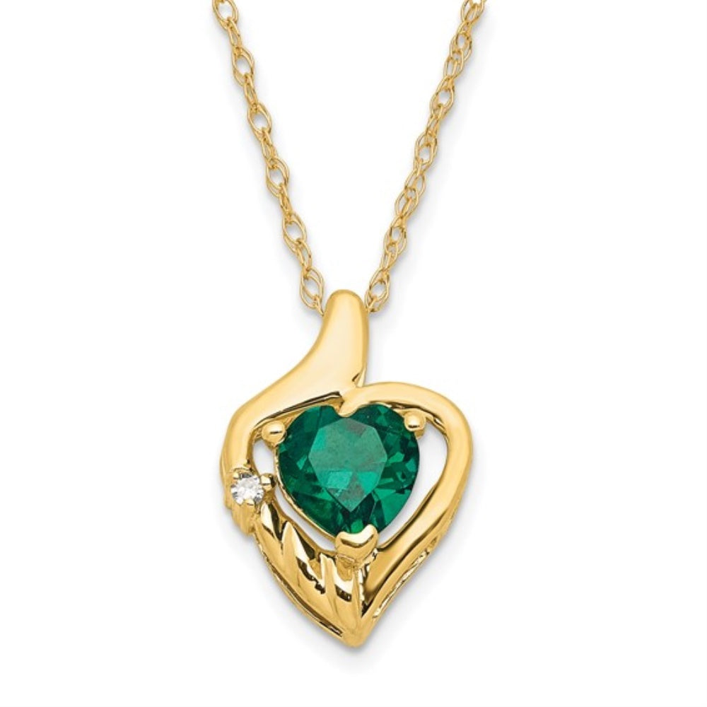 10K Yellow Gold Created Emerald and Diamond Heart Necklace 18" A90453