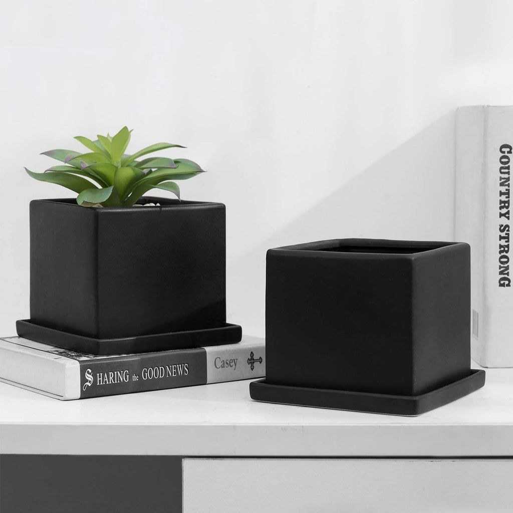 Set of 2 Matte Black Ceramic Planter Pots with Saucers G488