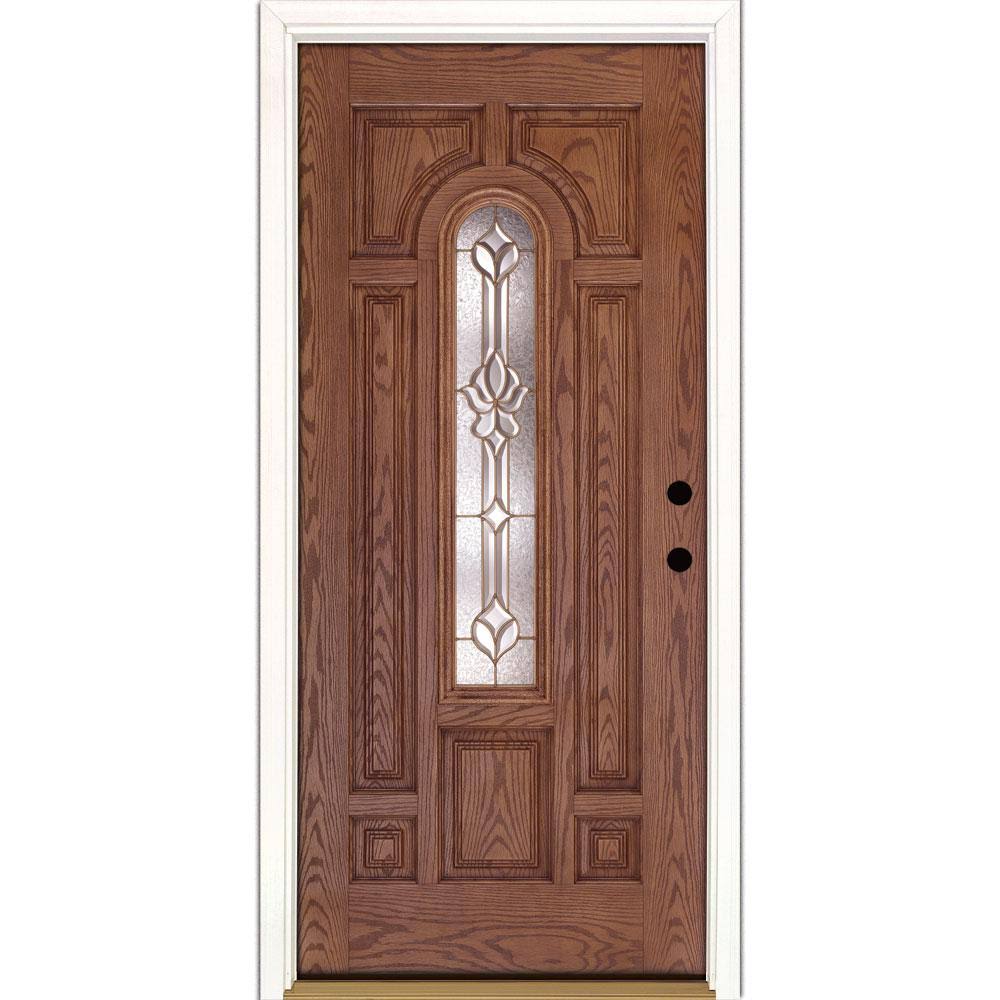 Medina Brass Center Arch Lite Stained Medium Oak Left-Hand Inswing Fiberglass Prehung Door K44643