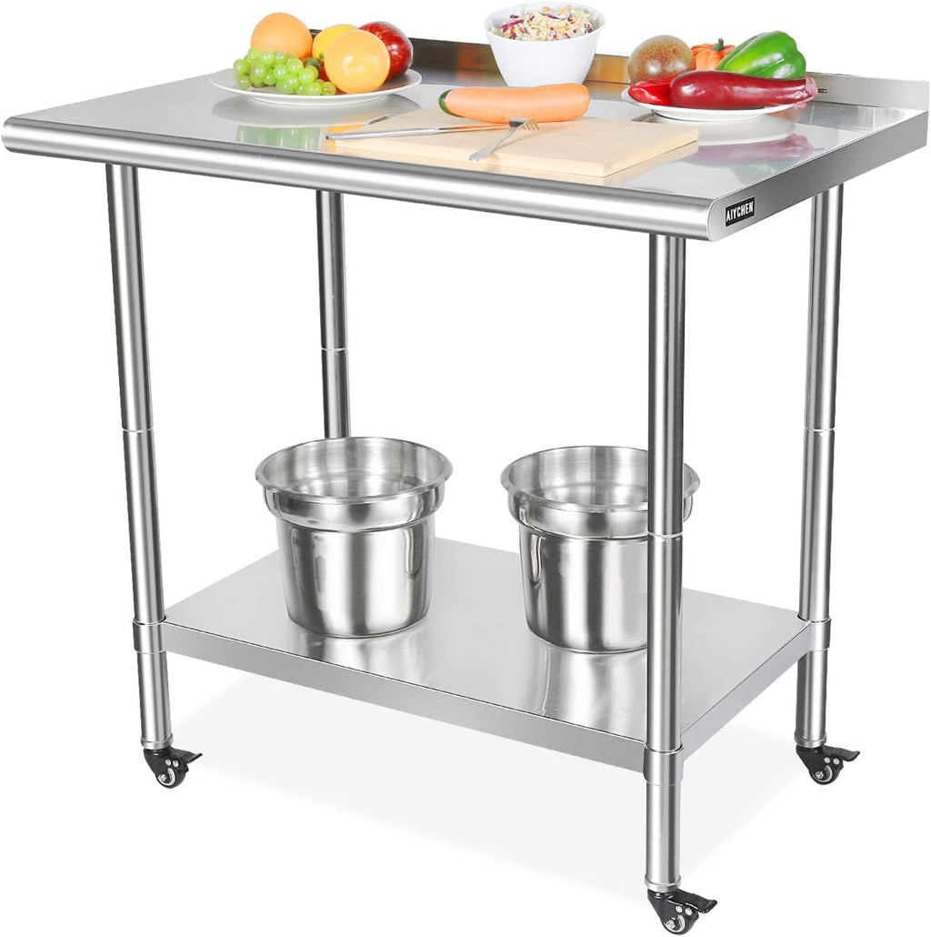 Stainless Steel Work Table with Casters, Backsplash, Adjustable Undershelf X161828