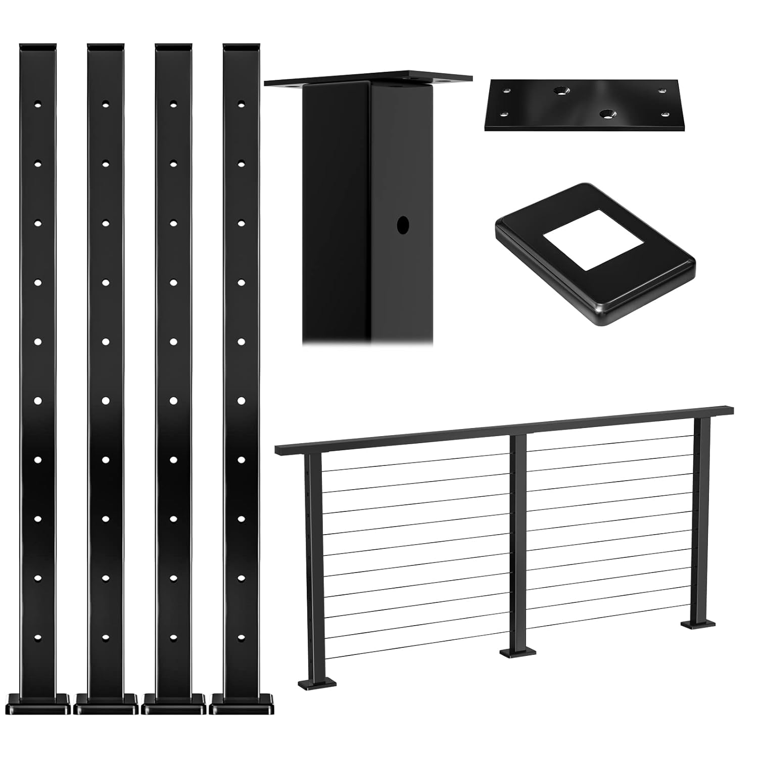 4Pack 36''x2''x2'' Black Square Weldless Stainless Steel Pre-Drilled Cable Railing Post R348866