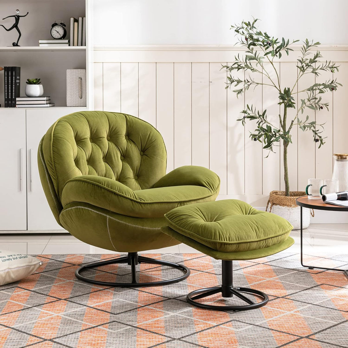 Light Green Velvet Swivel Accent Chair with Ottoman J996746