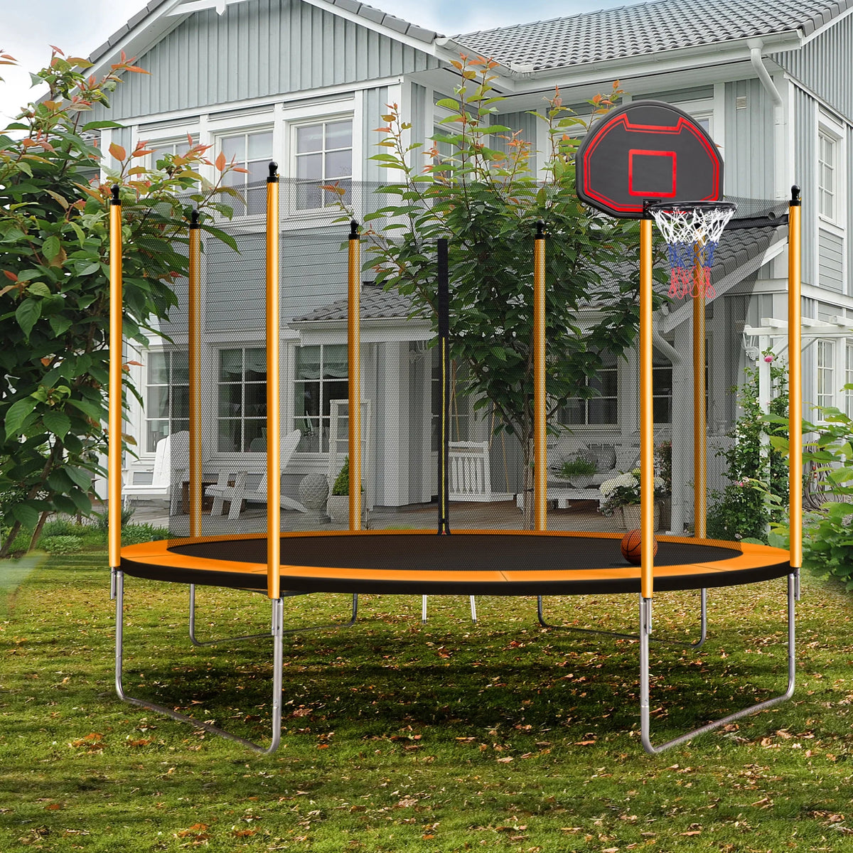 Orange Trampoline with Basketball Hoop and Ladder H145793