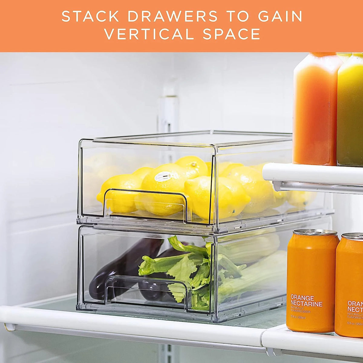 Clear Stackable Fridge Drawer Bins, 2 Pack Medium H9400