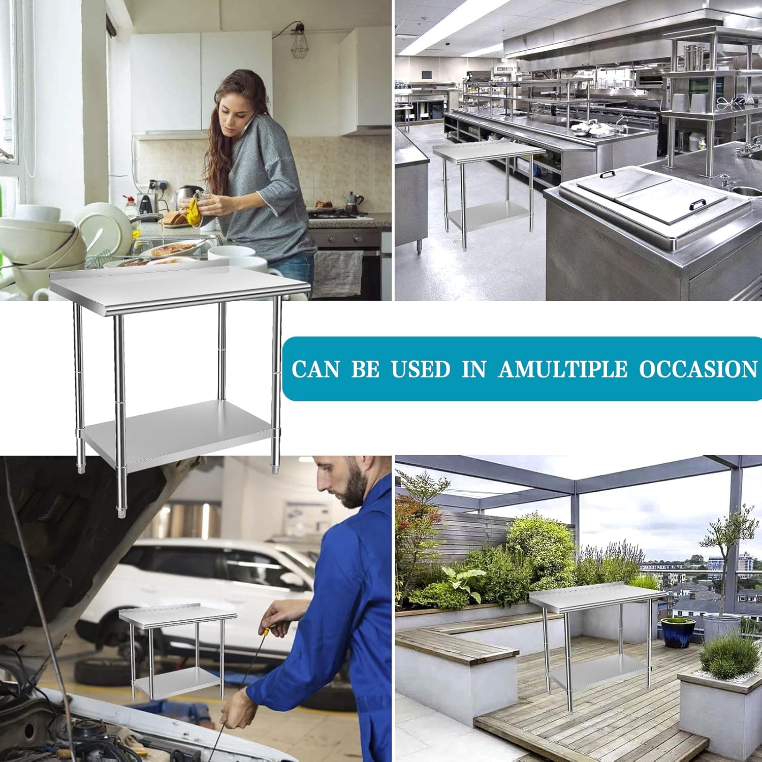 Stainless Steel Work Table with Casters, Backsplash, Adjustable Undershelf X161828