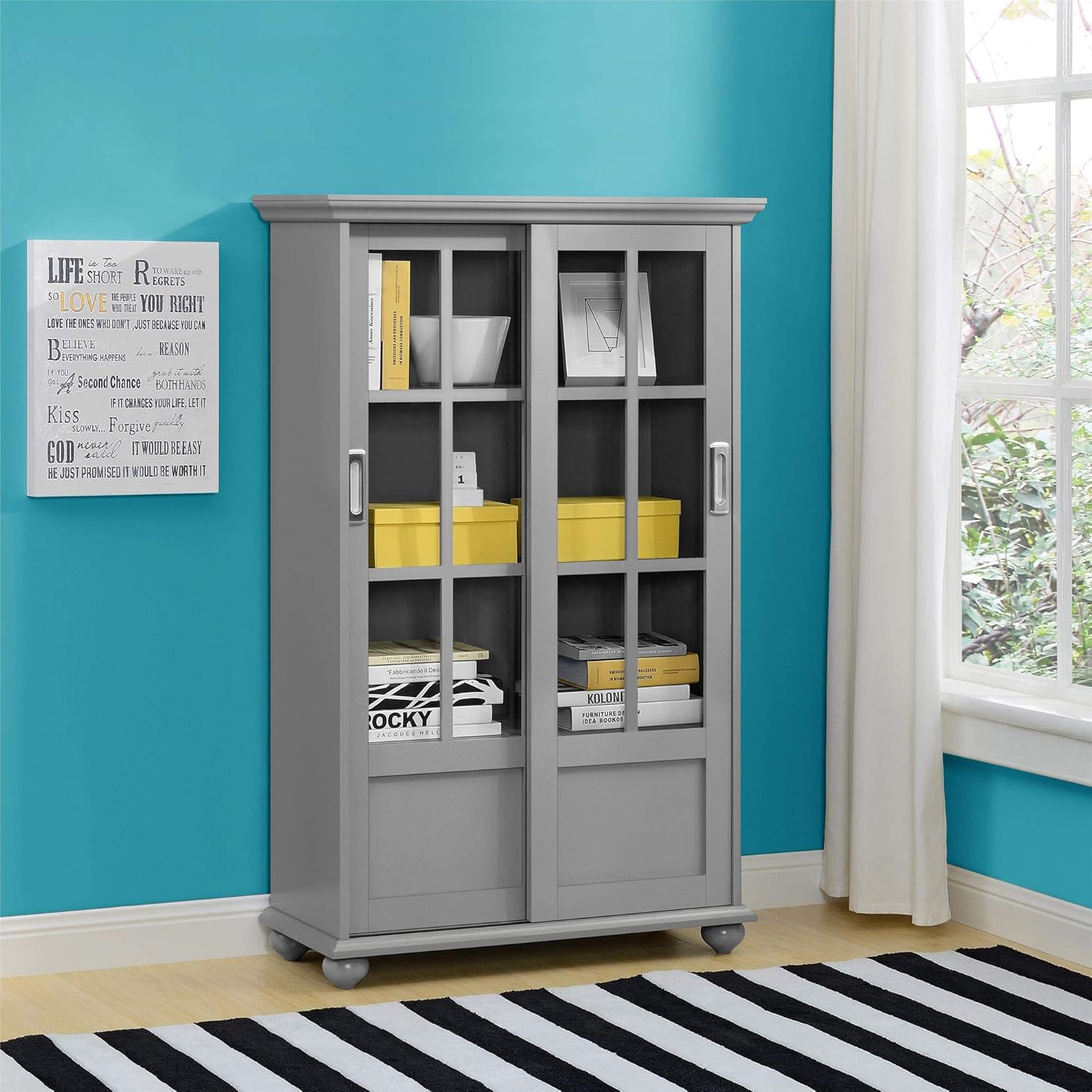 Black Bookcase with Sliding Glass Doors Z902307