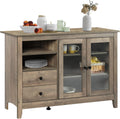 Rustic Farmhouse Kitchen Buffet Sideboard with Glass Doors, 2 Drawers, Open Compartments, Wood Console Table, Walnut S93228