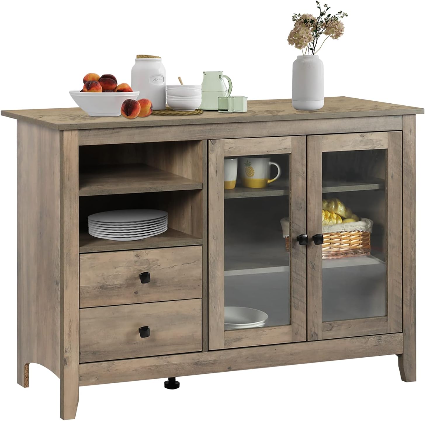 Rustic Farmhouse Kitchen Buffet Sideboard with Glass Doors, 2 Drawers, Open Compartments, Wood Console Table, Walnut S93228