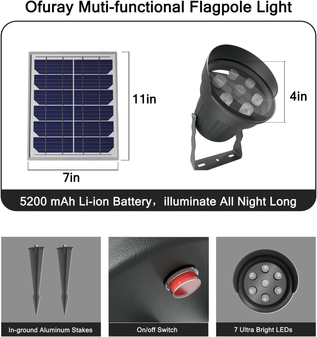 Solar Flag Pole Light 3in1 Design, 2 Brightness, Outdoor Dusk to Dawn X5563