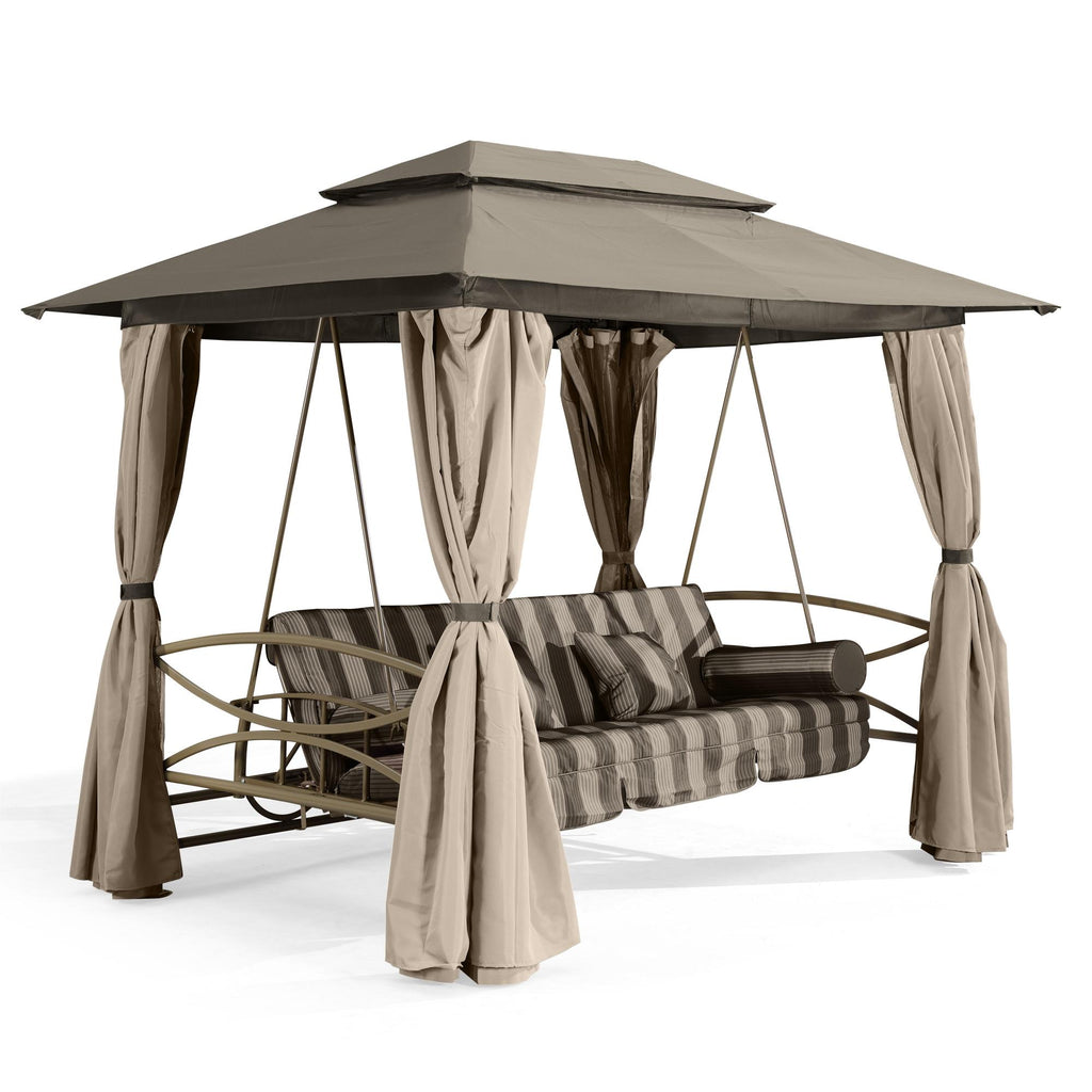 3 Person Double Top Outdoor Patio Gazebo Swing with Netting & Curtain I8316