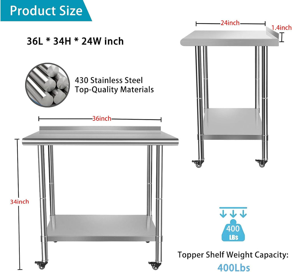 Stainless Steel Work Table with Casters, Backsplash, Adjustable Undershelf X161828