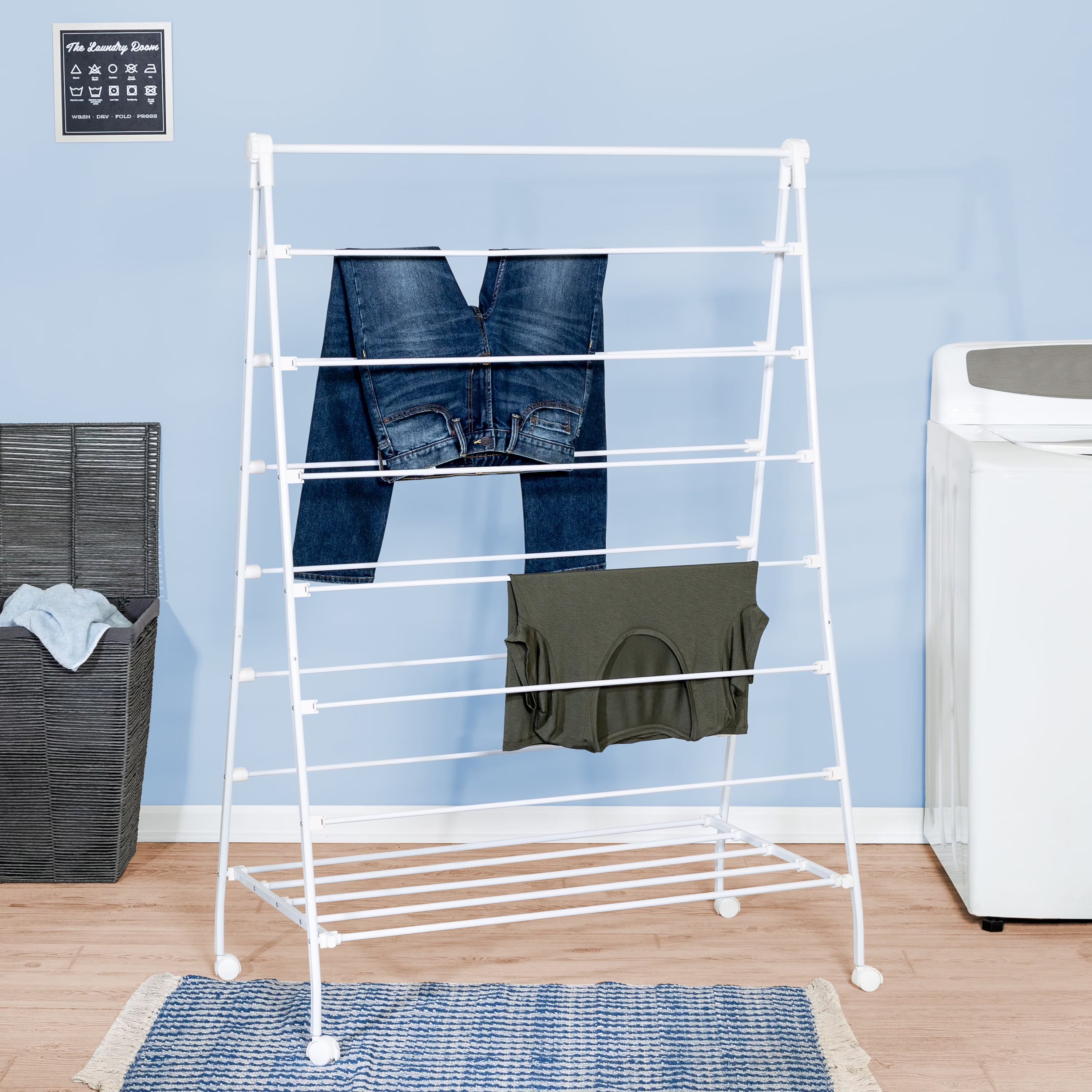 White Collapsible Steel Rolling Clothes Drying Rack D53475