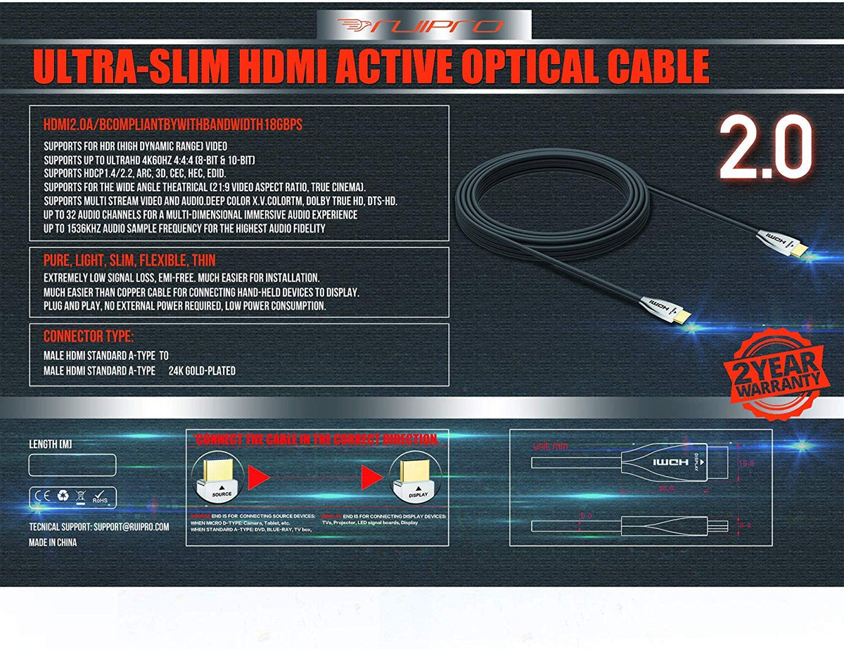 Fiber Optic HDMI Cable 65FT 4K 60FPS HDMI 2.0 18Gbps Active Optical Cable I949