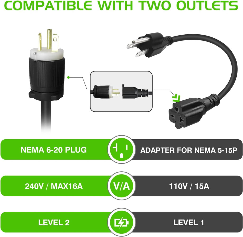 Portable EV Charger with NEMA 6-20 Plug and NEMA 5-15 Adapter F4161