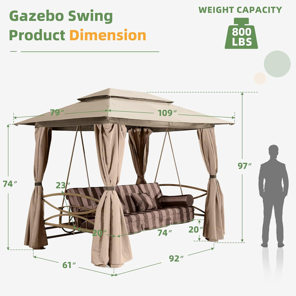 3 Person Double Top Outdoor Patio Gazebo Swing with Netting & Curtain I8316