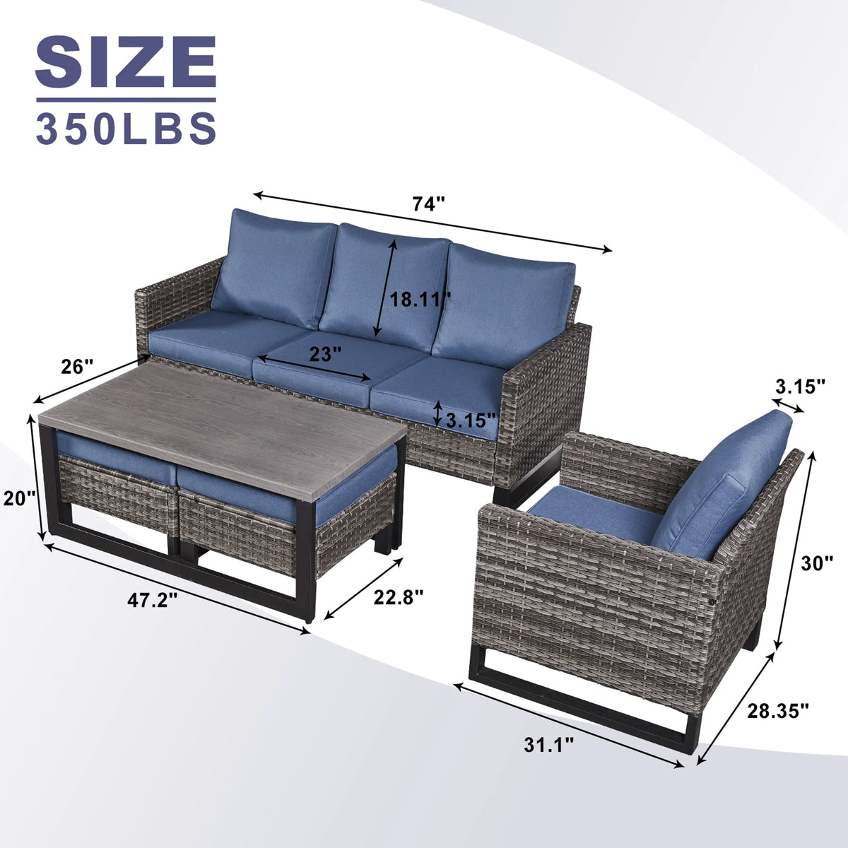 Blue Cushion Rattan Patio Furniture Set with Sofa, Chairs, Coffee Table and Ottomans Z2209