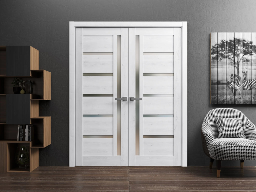 Solid French Double Doors 36 x 84 inches Nordic White with Frosted Glass Wood Solid Panel Frame Trims N640