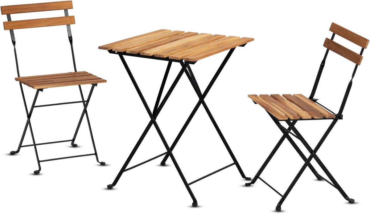 3 Pieces Folding Dining Table Chairs with Teak Wooden Top Anti-Rust Steel Frame K751