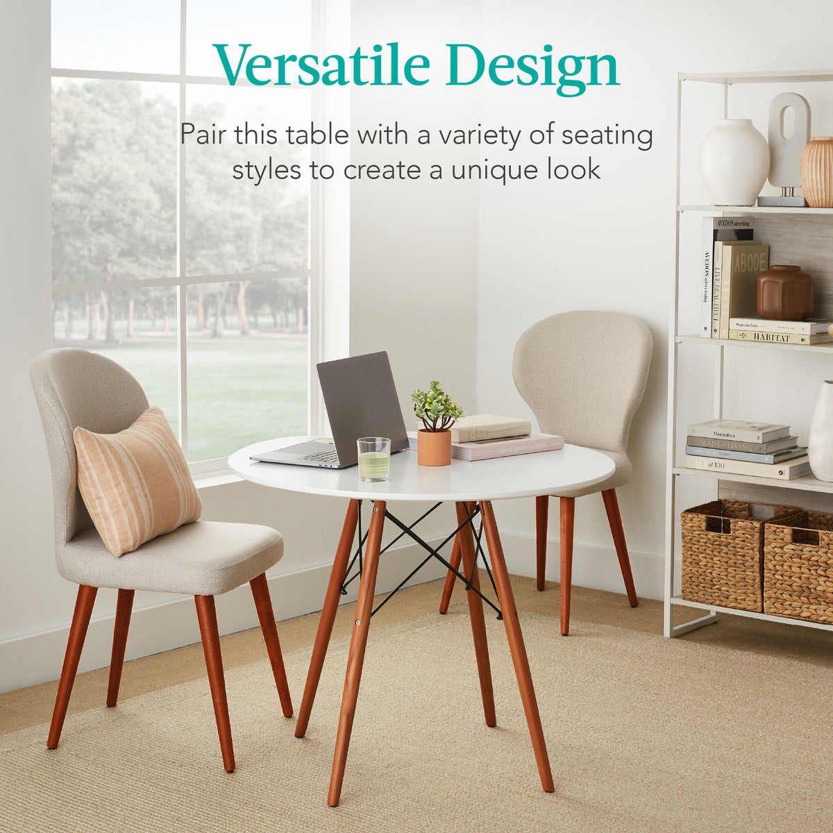 White Round Mid-Century Modern Dining Table with Metal Frame O79730