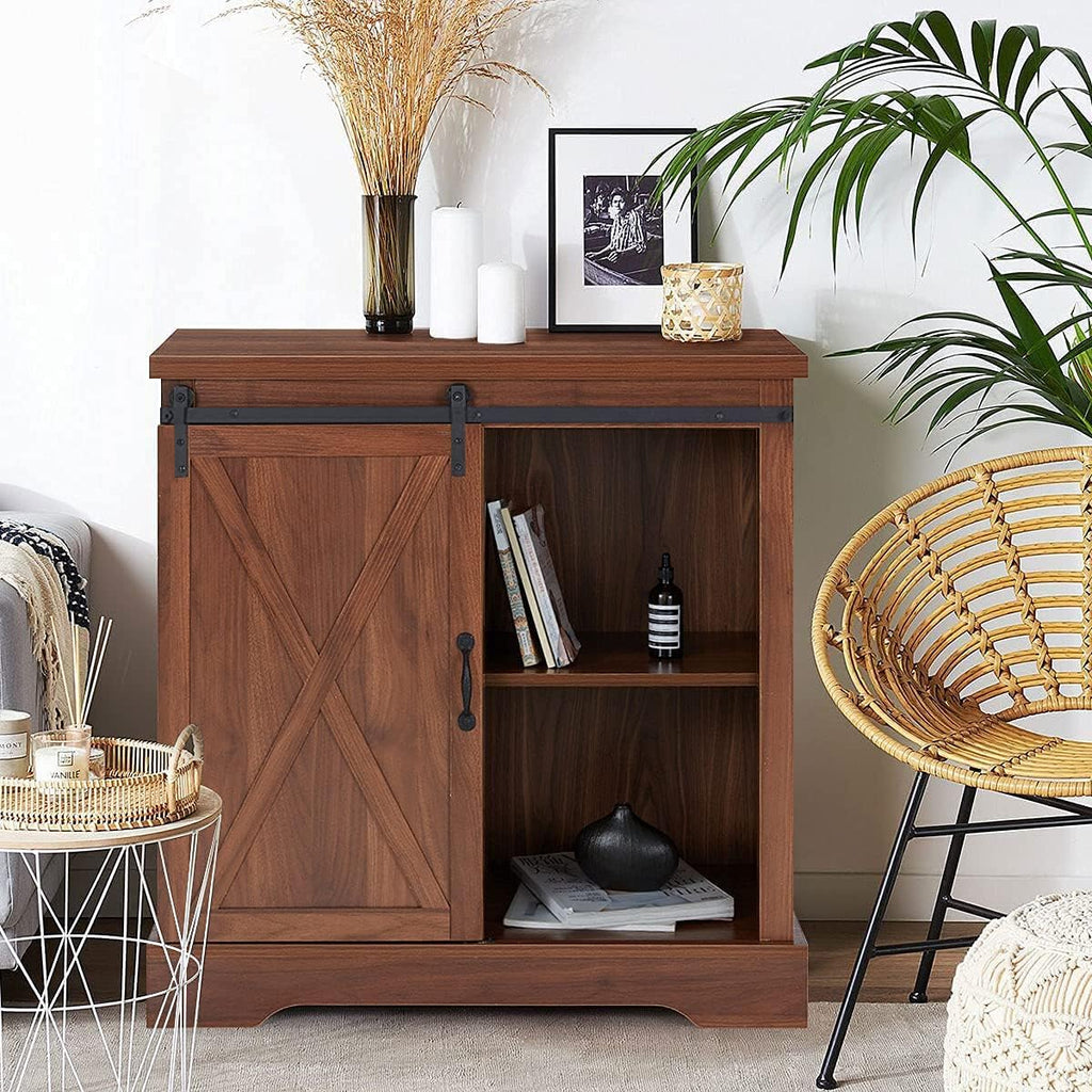 Rustic Brown Accent Cabinet with Sliding Barn Door and Adjustable Shelf Y2064
