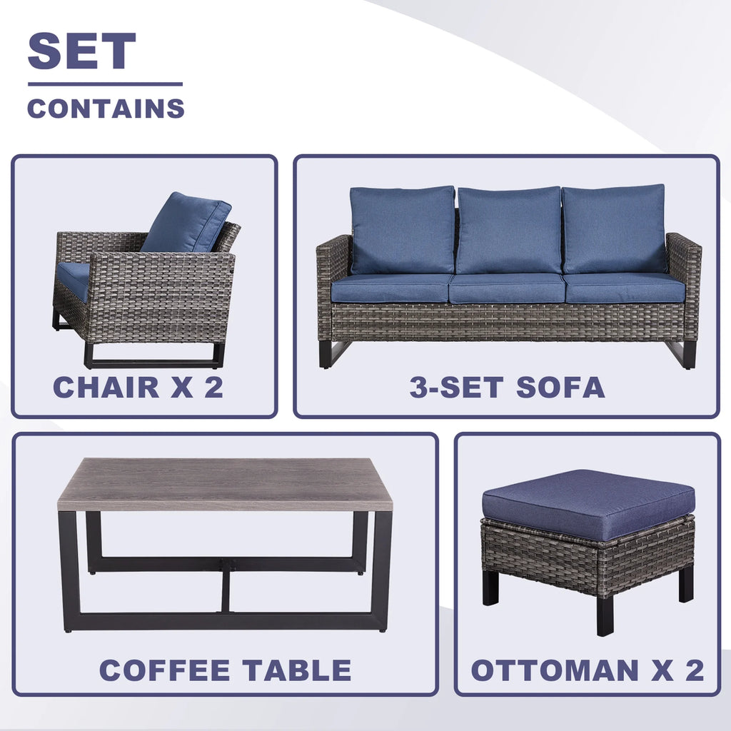 Blue Cushion Rattan Patio Furniture Set with Sofa, Chairs, Coffee Table and Ottomans Z2209