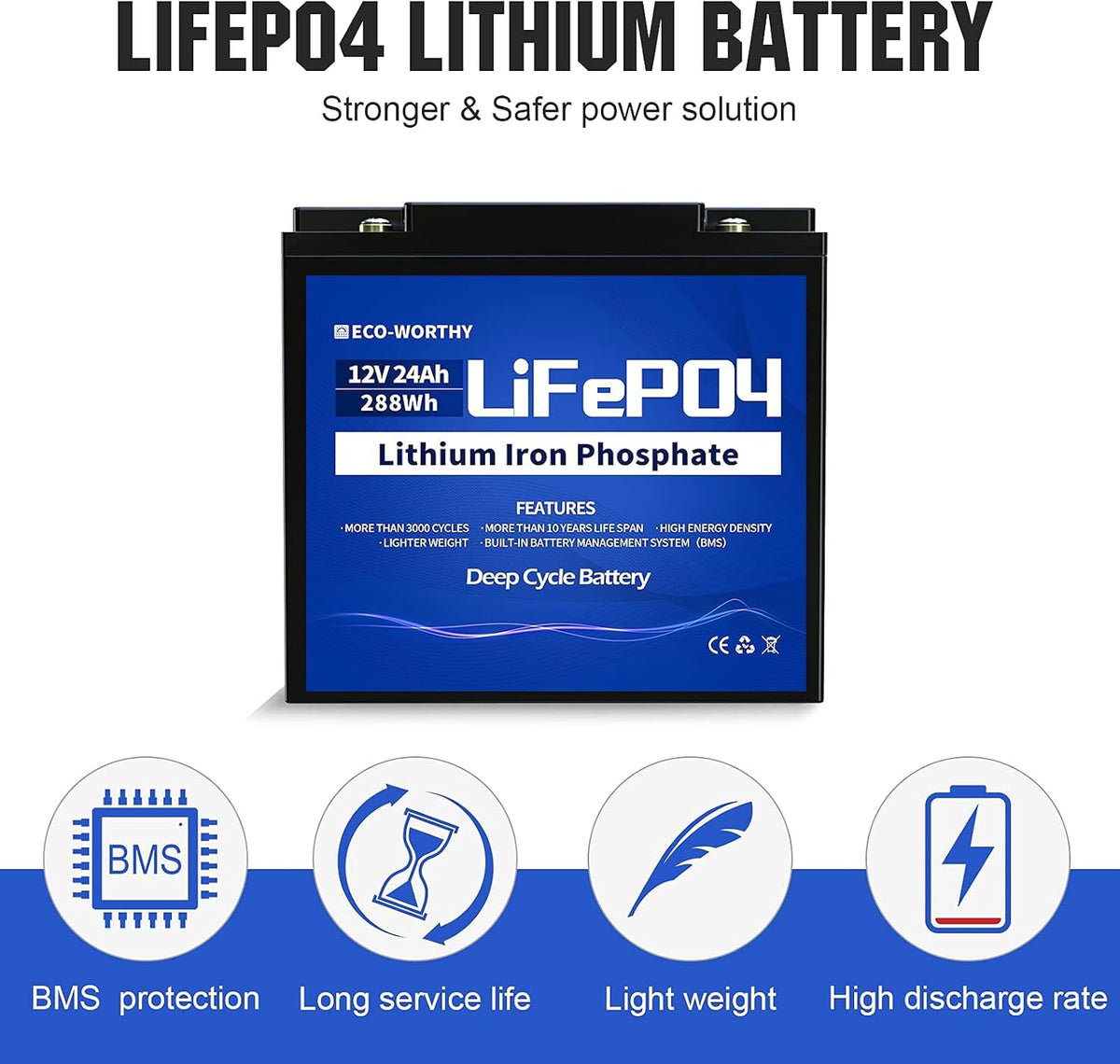 12V 24Ah LiFePO4 Lithium Iron Phosphate Battery with BMS Protection J8178