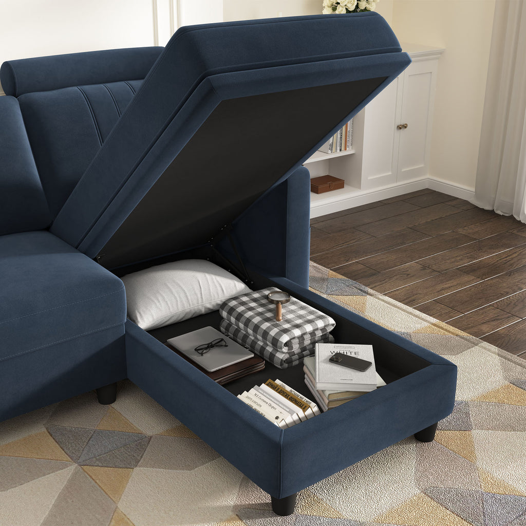 Dark Navy Blue Velvet L-Shaped Sectional Sofa with Storage Chaise R1276