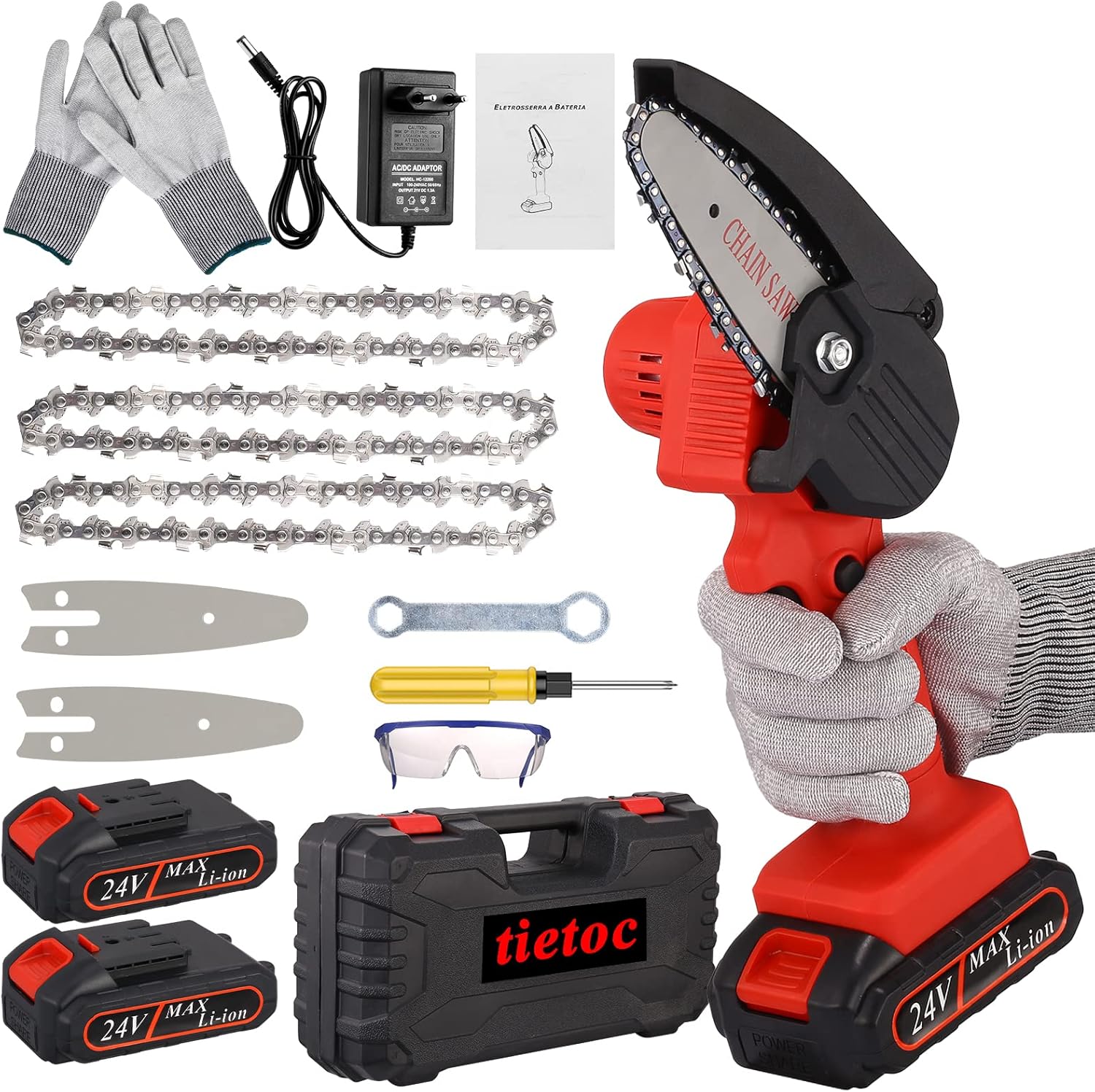 Cordless 4 Inch 24V Electric Chainsaw with 2 Batteries, 2 Chains, Pack of 2 Y116